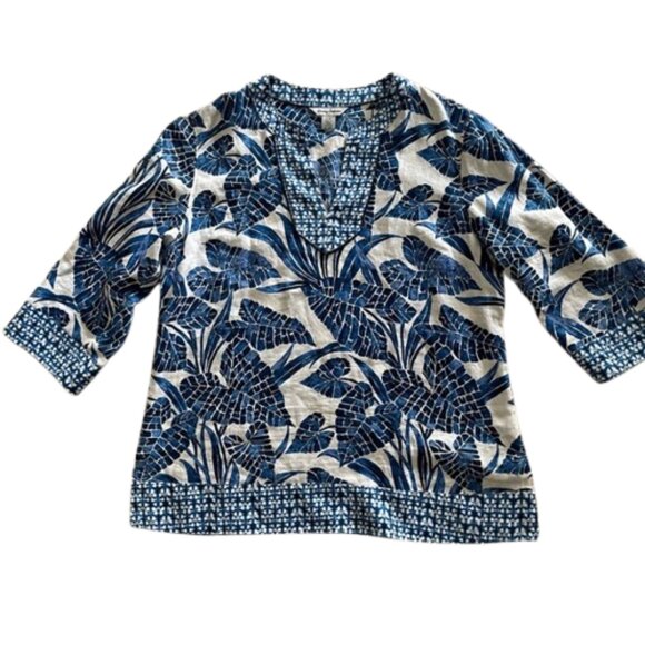 Tommy Bahama Mosaic Palm Tunic Top Linen Island Blue Size L - Picture 3 of 11